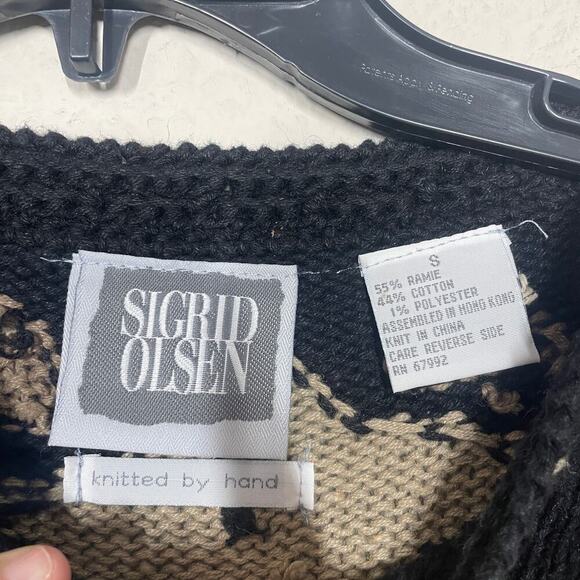 Sigrid Olsen Small Hand Knitted Sweater Boho Black Brown Ramie Cotton Crew Neck - Picture 6 of 7